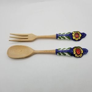 Assisi Serving Spoon & Form Wooden Ceramic HAndle Blue Sunflower Floral Folk Art